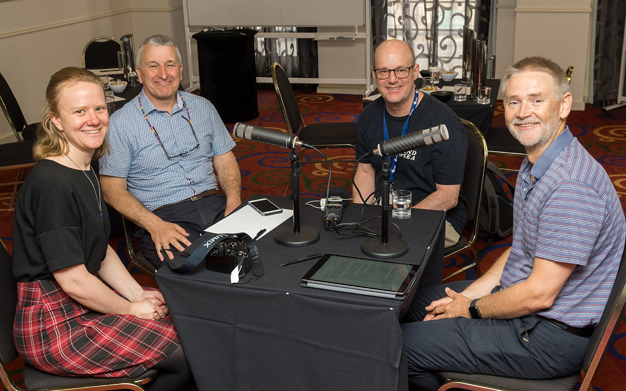 Anita Ponsaing, Anthony Harradine, Tim Macuga and Nigel Bean recording their MathsCraft episode of The Random Sample podcast